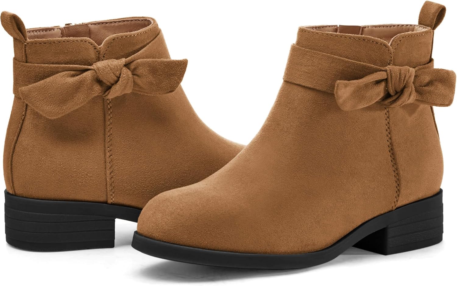 

Детские ботильоны Coutgo для девочек с бантиком на щиколотке, низкий массивный каблук, боковая молния, милые праздничные ботинки для малышей и старших детей, Brown