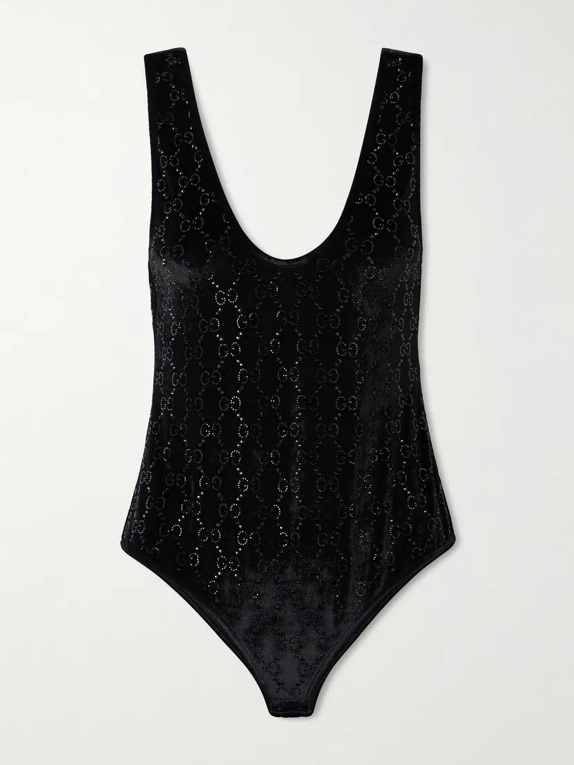 Боди Crystal-embellished из синели с жаккардовым узором GUCCI, черный