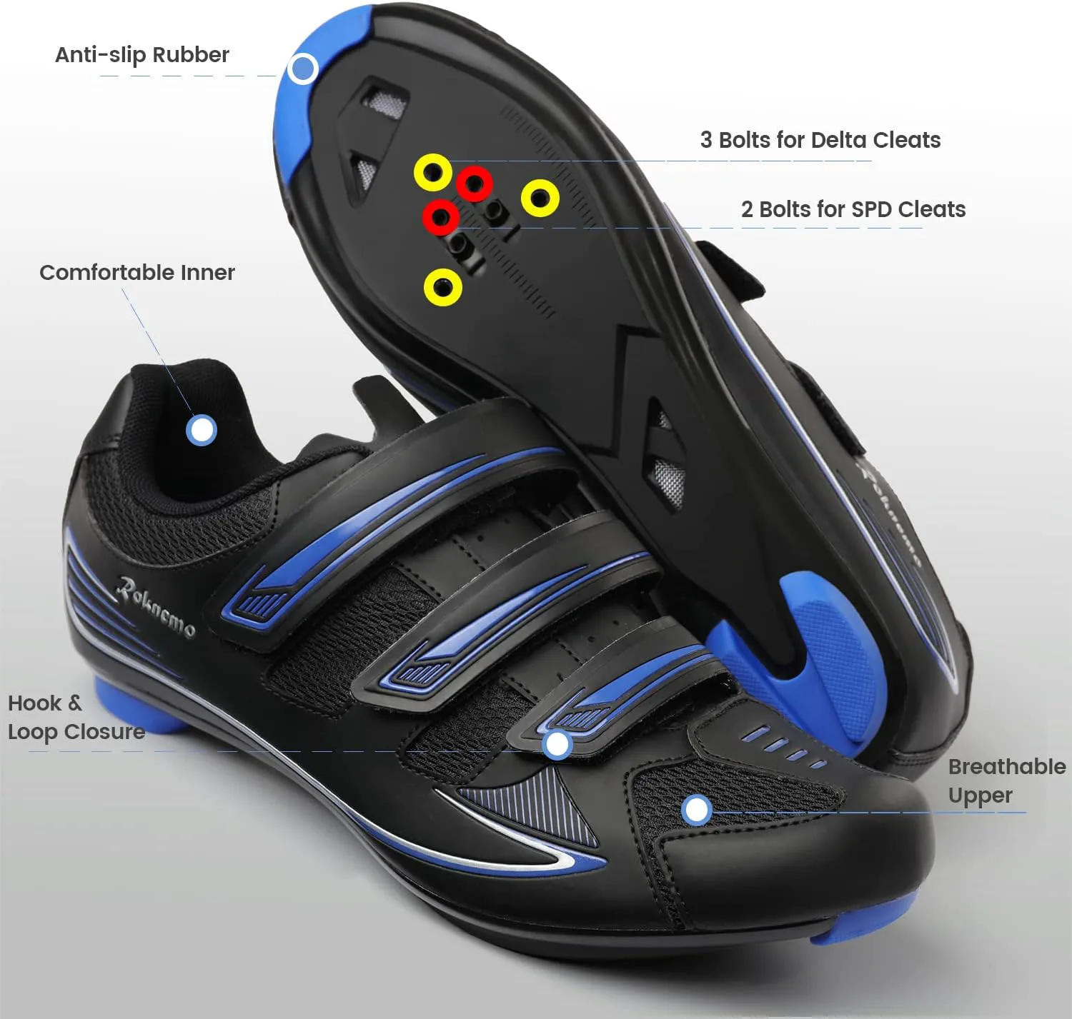 

Унисекс велосипедные туфли размер 14, совместимые с Peloton - мужские спин-туфли с креплениями Look Delta - для домашних шоссейных велотренажеров с SPD зажимами Roknemo, черный/синий