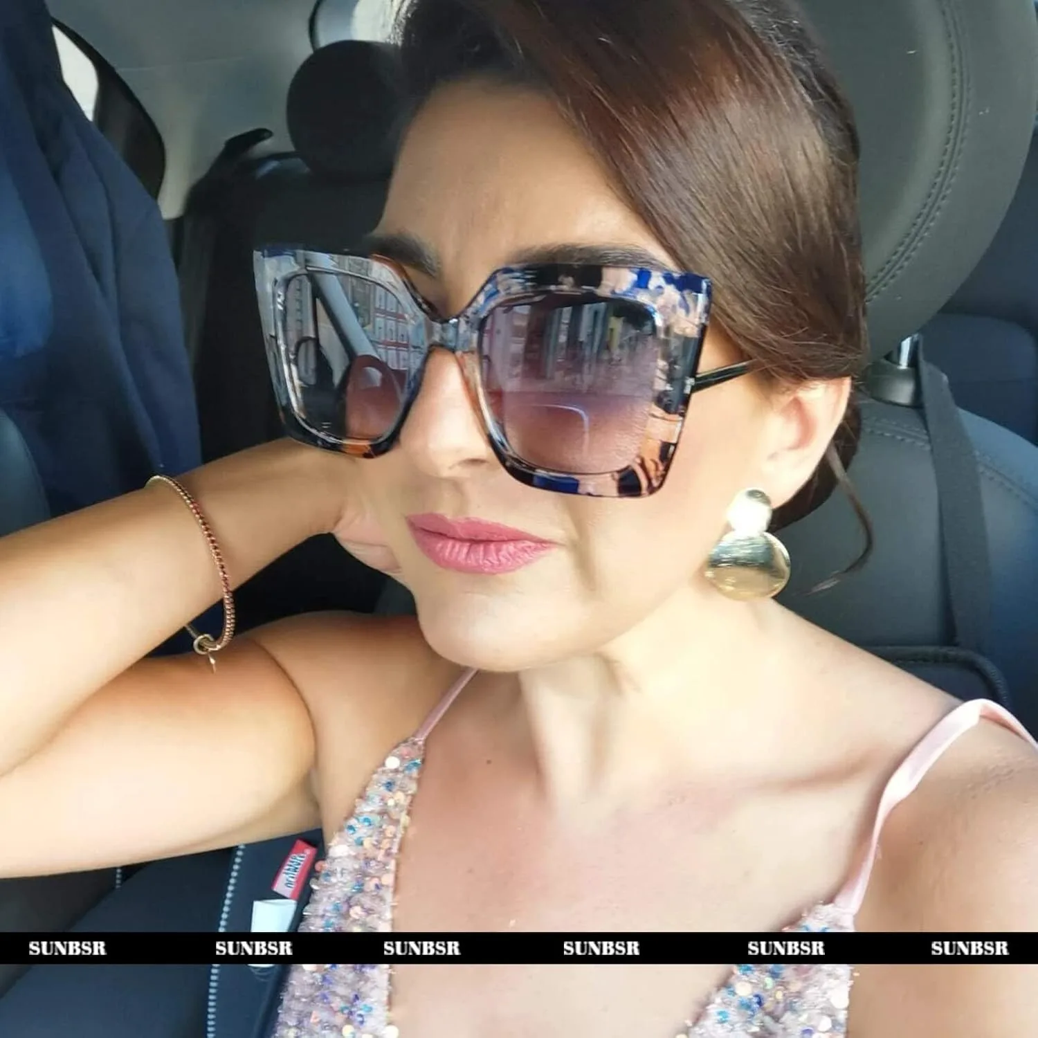 

SUNBSR Модные большие квадратные солнцезащитные очки для женщин в классической оправе, стильные, милые, в форме «кошачий глаз» Generic, T Grey Purple+ Blue Flower