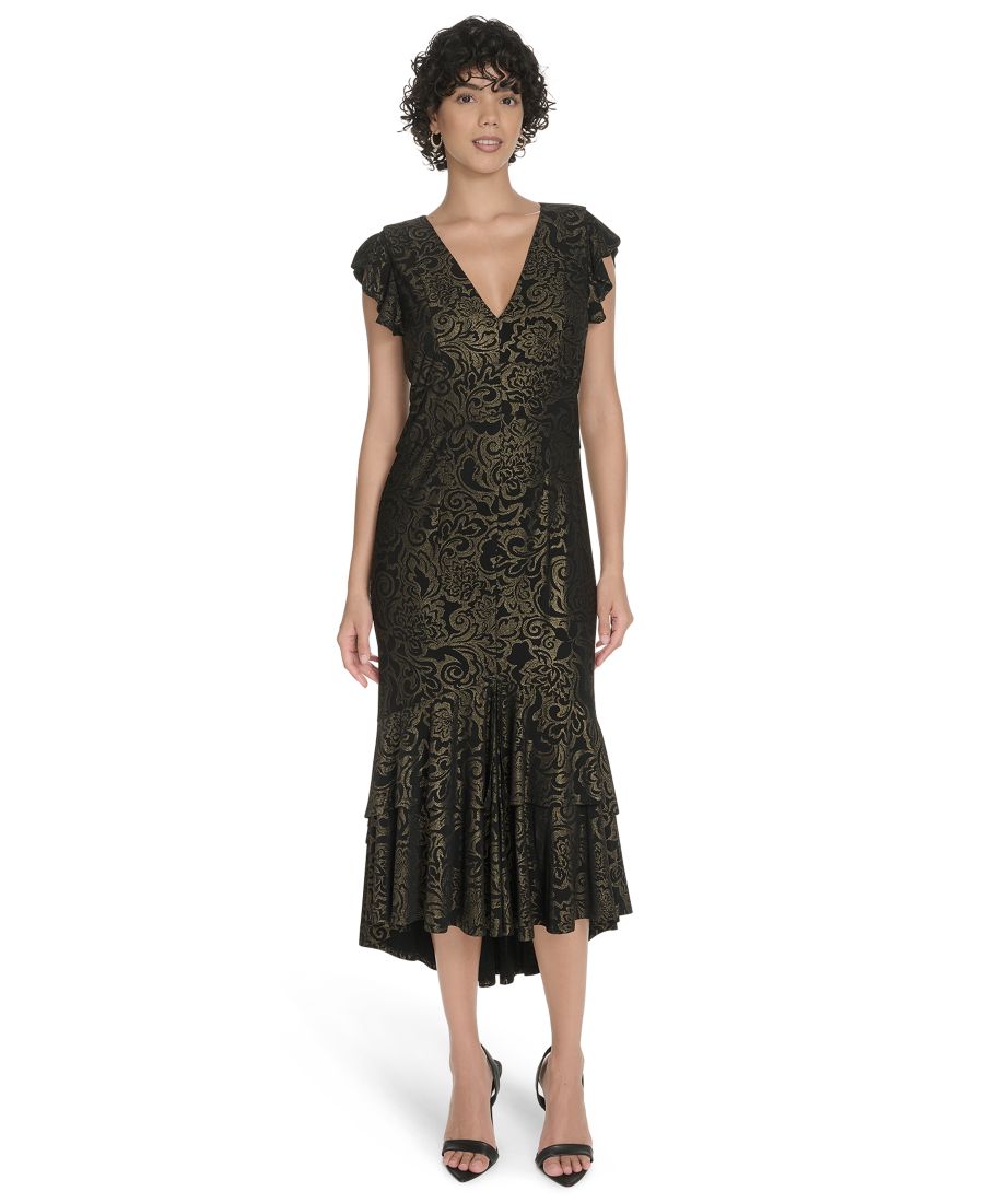 

Женское миди-платье с V-образным вырезом, многоярусным подолом и отделкой фольгой Tommy Hilfiger, Black/gold