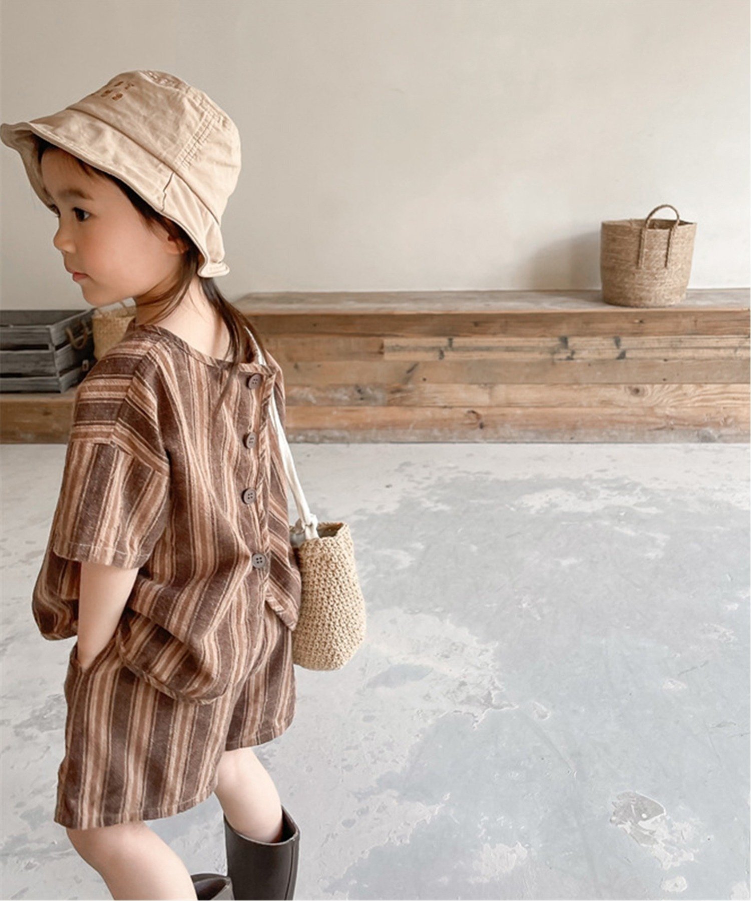Детский корейский комплект одежды /(K) [aimoha-KIDS-] с коротким рукавом в полоску. Aimoha Kids, brown — фото 4