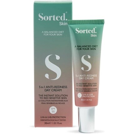 

Дневной крем против покраснений Sorted Skin 5 в 1 SPF50 Формула коррекции цвета для чувствительной кожи, розацеа и покраснений Защищает от УФ-лучей и синего света S Sorted