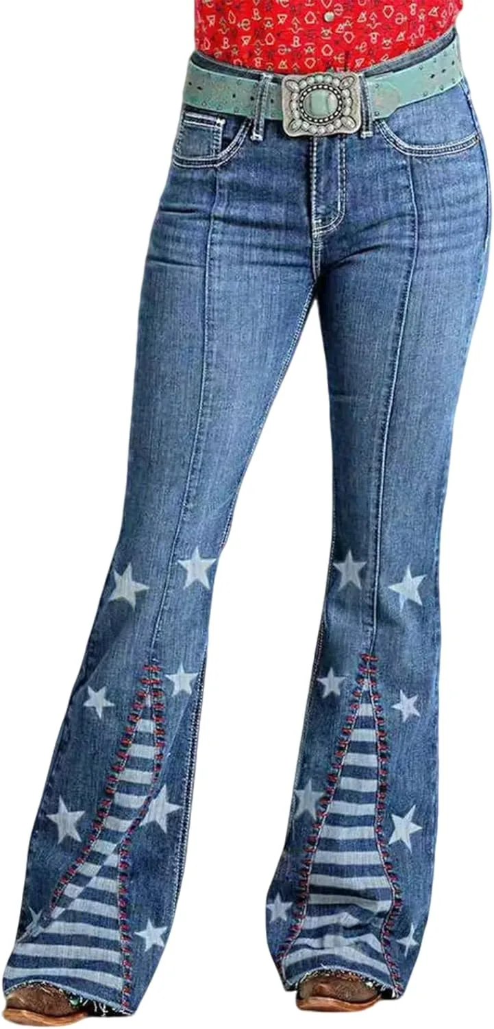 

Джинсы Bell Bottom для женщин с полосками и звездами Mid Rise Bootcut Xadsfeel