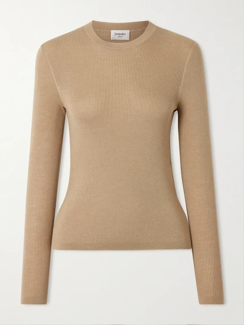 Топ из ребристого трикотажа из смеси шерсти, кашемира и шелка SAINT LAURENT, бежевый