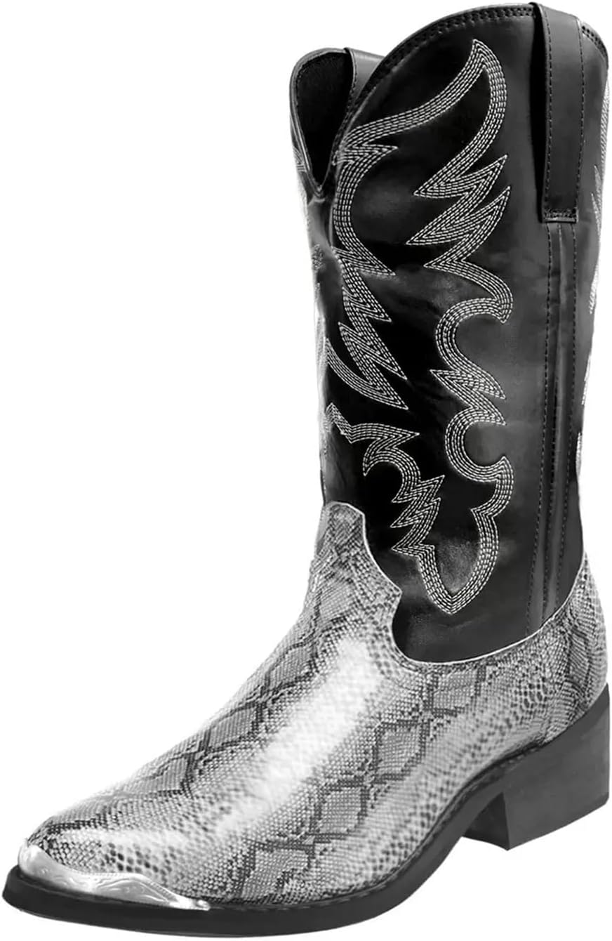 

Мужские ковбойские сапоги с искусственной змеиной кожей с вышивкой, повседневные средние ковбойские сапоги с заостренным носком, без шнуровки, стиль кантри Generic, серебро