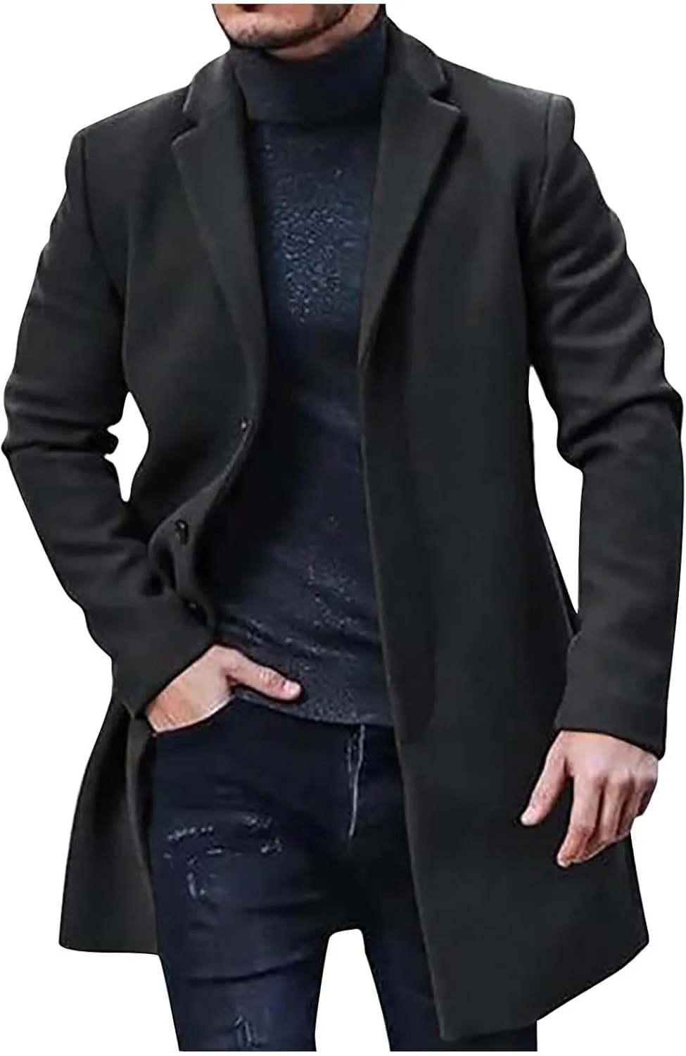 Мужское зимнее пальто-тренч средней длины, приталенного кроя, теплое, мягкое, однобортное, с воротником-стойкой, модное пальто для активного отдыха Generic, черный