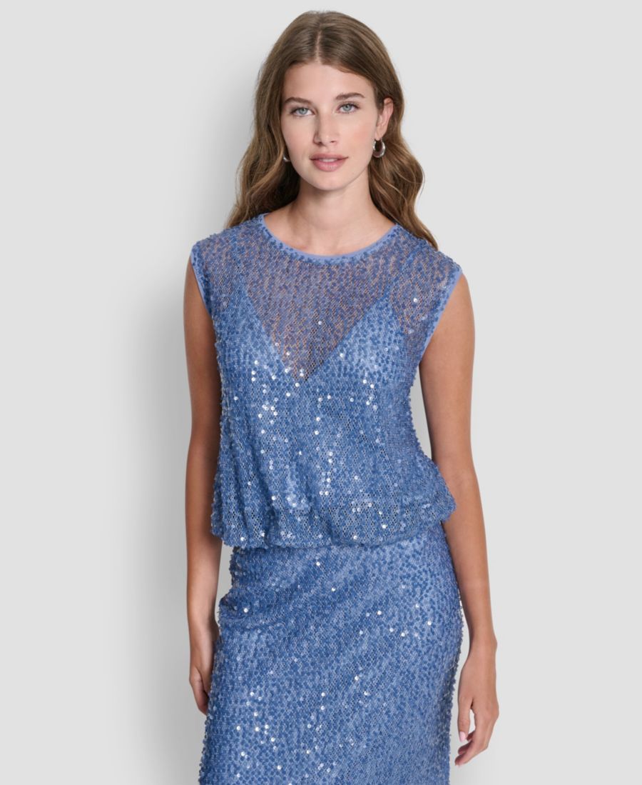 

Женский трикотажный топ без рукавов с асимметричным низом и пайетками DKNY, Liberty Sky