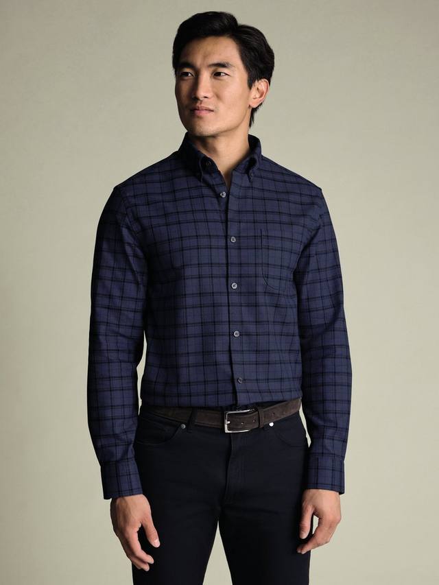 

Нержавеющая хлопковая саржа в клетку Slim Fit Charles Tyrwhitt, Denim Blue