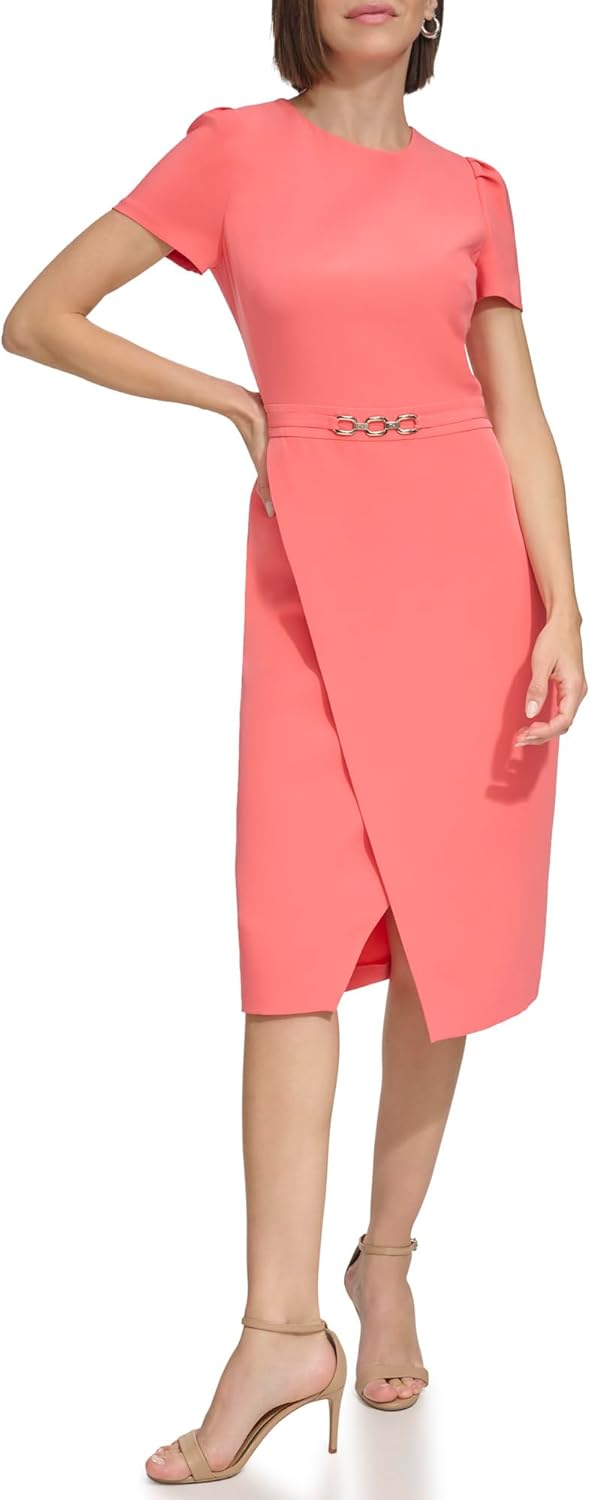 

Женское платье миди Tommy Hilfiger с короткими рукавами и цепочкой на талии из эластичного крепа, Sherbet