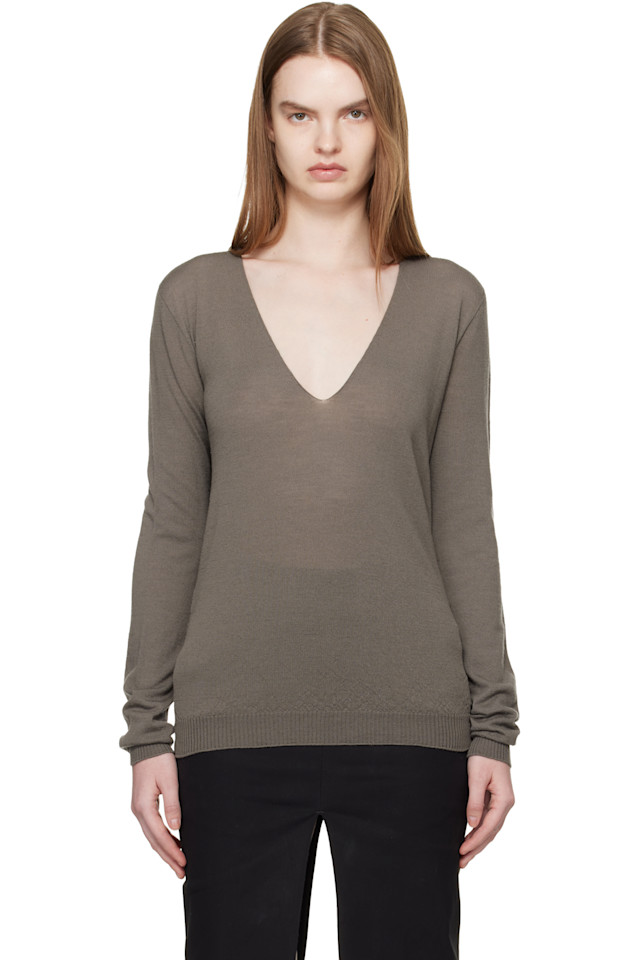 

Rick Owens Серый свитер с V-образным вырезом и изображением храма