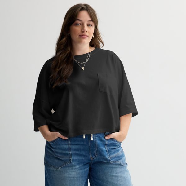 

Объемная укороченная футболка с карманом для девушек plus size So, черный