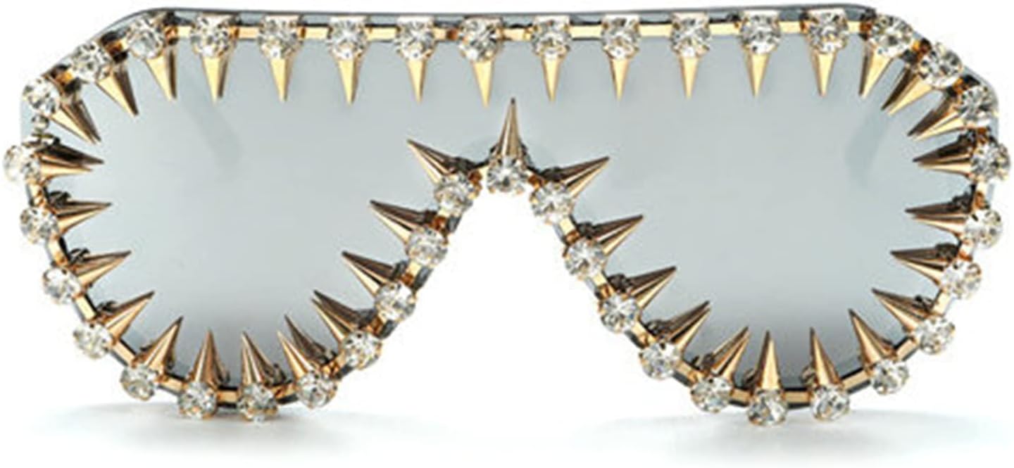 

Willochra Модные футуристические солнцезащитные очки в стиле Y2K с плоским верхом, заклепками, панк-стиль, большой щит, модные солнцезащитные очки для вечеринки со стразами, Silver Lens