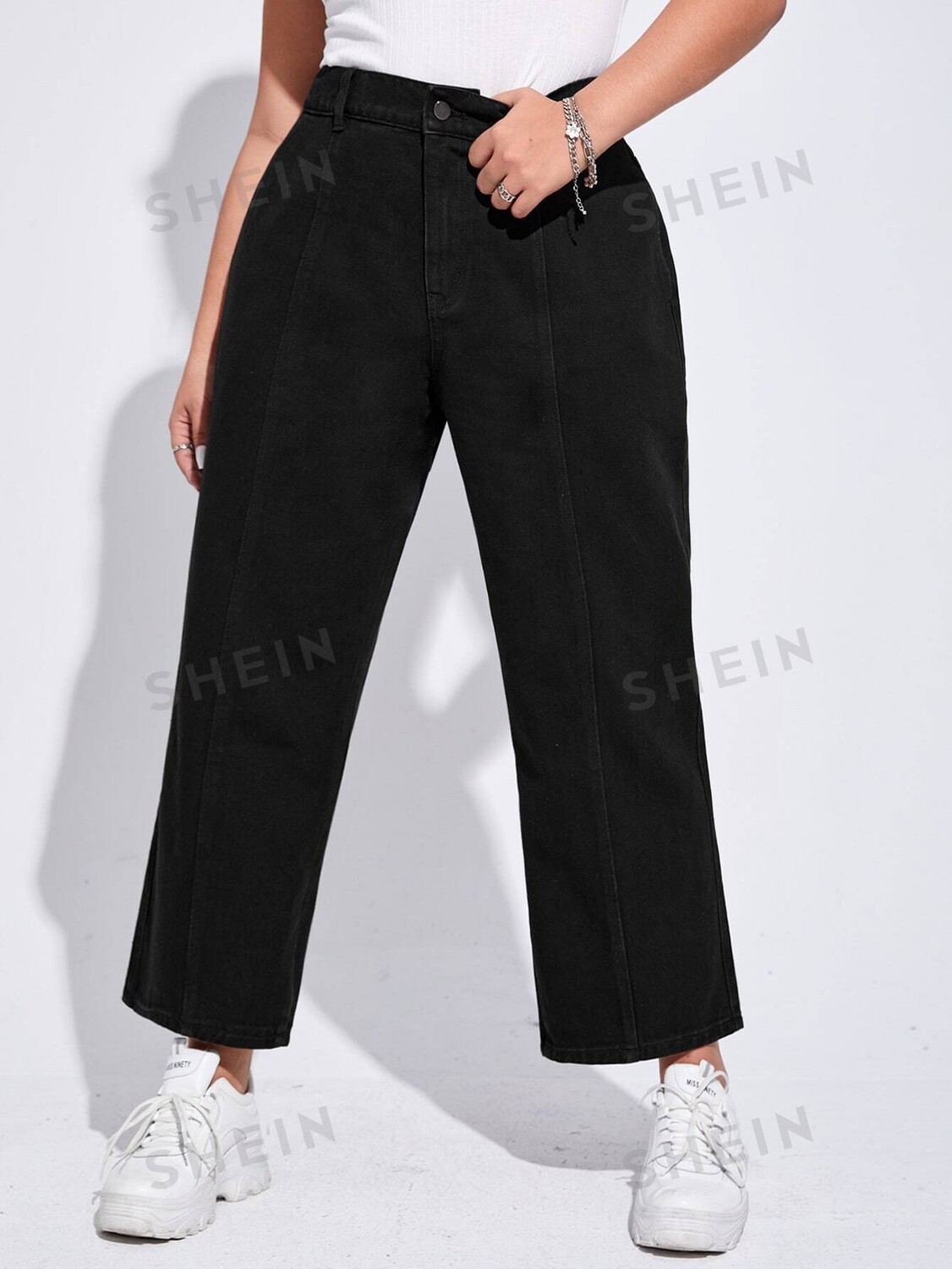 

EZwear Plus Широкие джинсы с высокой талией Shein, черный