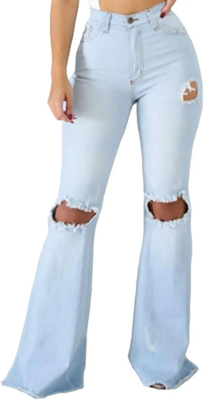 

Женские джинсы с высокой посадкой, рваные на коленях, расклешенные RINZON