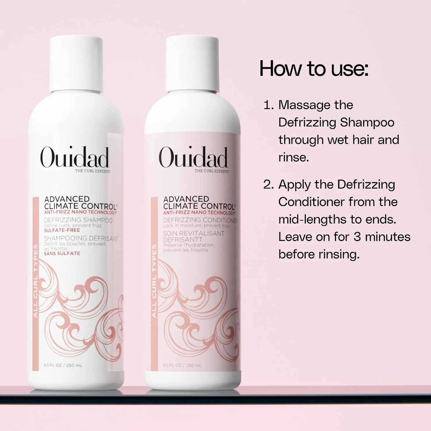 Набор шампуня и кондиционера Ouidad Advanced Climate Control Anti-Frizz, 8.5 fl oz каждый - для определения локонов, без сульфатов, безопасен для окрашенных волос, увлажнение и защита от тепла — фото 2