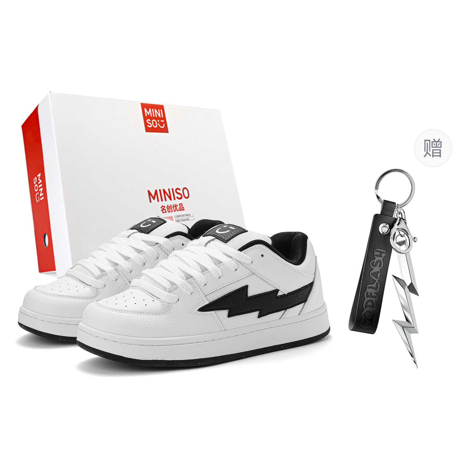

MINISO Лайтнинг M серии лоу-топ скейтерские кроссовки унисекс белые с черным (с брелоком), цвет White Mixed Black (with Keychain)