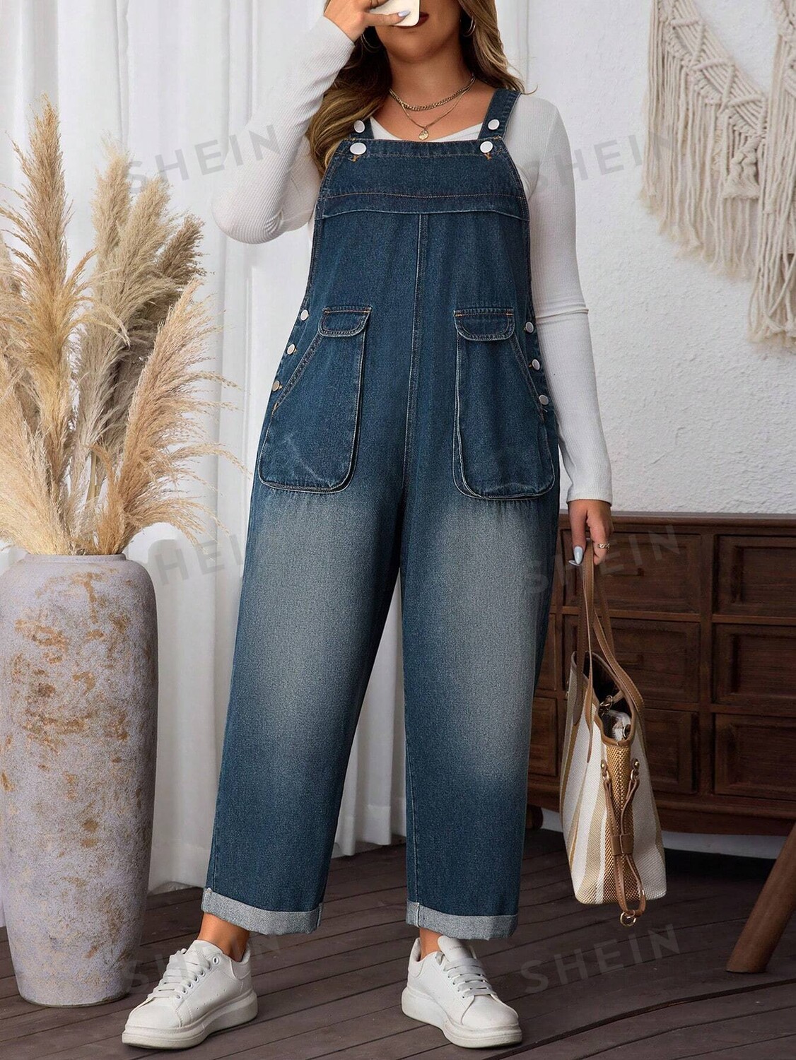 

LUNE Джинсы с завышенной талией Женские брюки больших размеров, удобные, с карманами, широкие штанины Shein, тёмно-синий