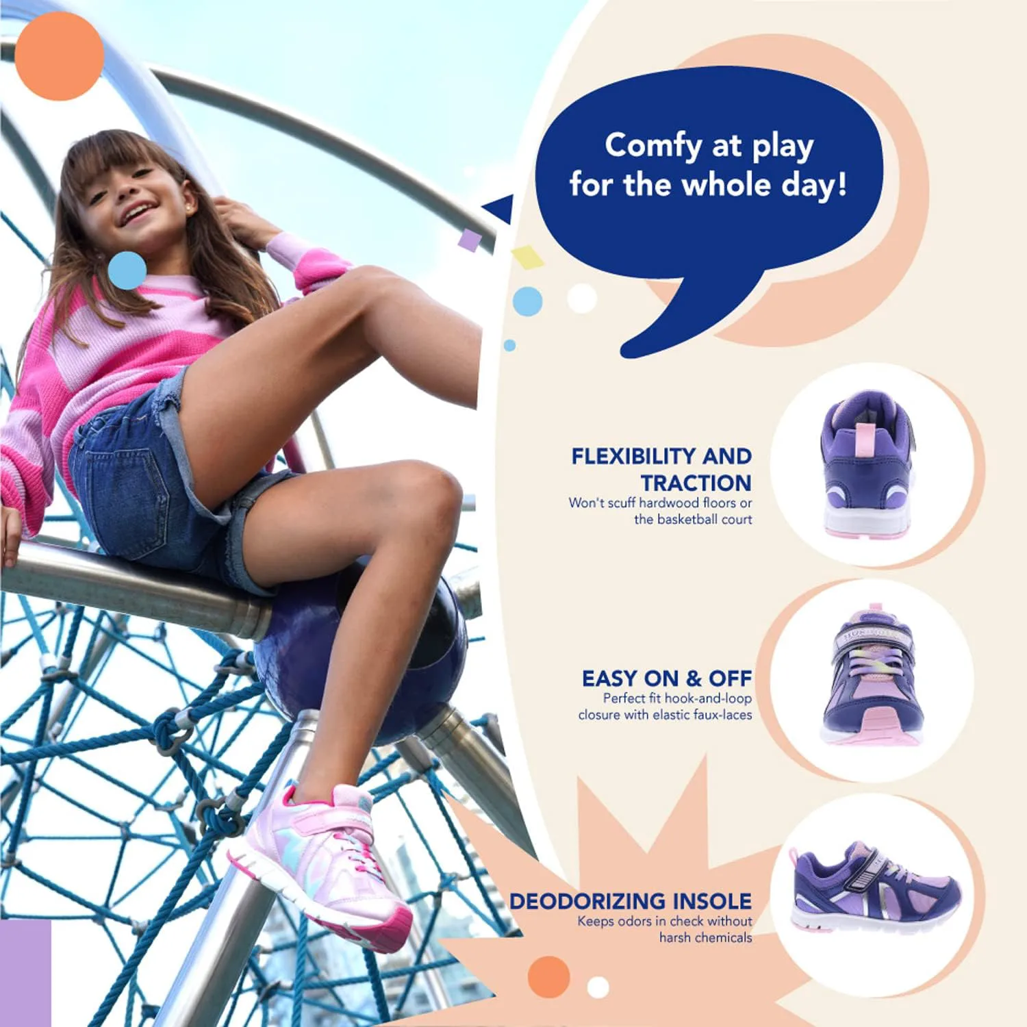 Детские кроссовки TSUKIHOSHI Rainbow Kids - с застежкой на ремешок, пригодные для стирки в машине, с широкой носочной частью и противоскользящими, немаркими подошвами, для детей 4-12 лет, темно-синий/розовый — фото 3