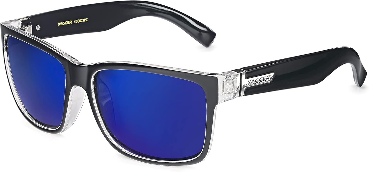 

Квадратные поляризованные солнцезащитные очки Xagger для мужчин и женщин, защита от ультрафиолета UV400, зеркальные спортивные солнцезащитные очки, Clear - Black | Blue Mirror