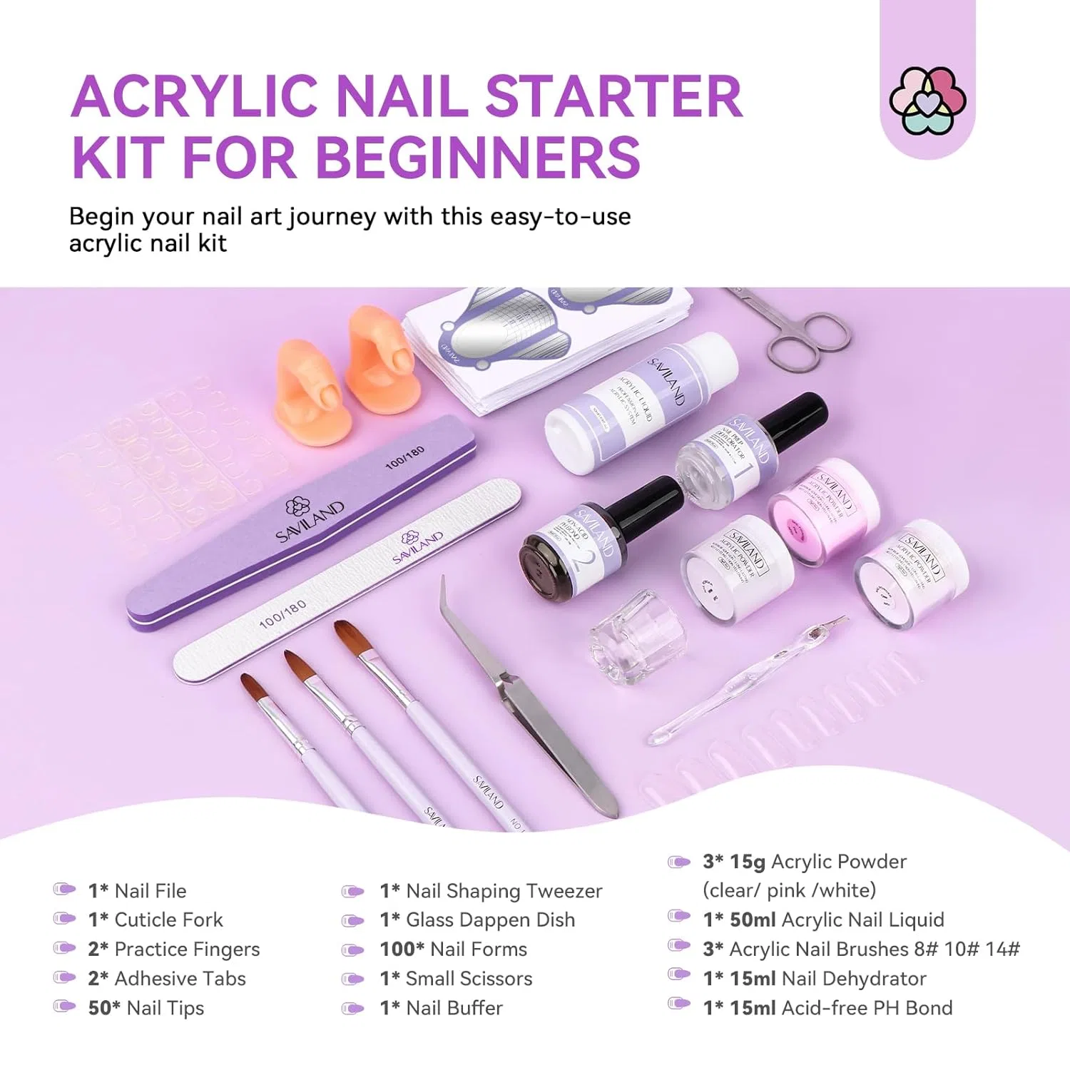 Набор для акрилового наращивания ногтей Saviland Starter Set Saviland, 01- Liquid 50Ml + Powder 45G | Clear Pink White — фото 2