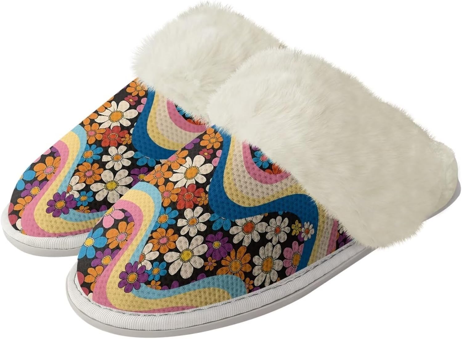 

Женские пушистые тапочки Мягкие плюшевые с закрытым носком Домашние тапочки Мокасины Мужские повседневные зимние теплые хлопковые домашние тапочки с нескользящей резиновой подошвой для спа и ванны Watdotory, Hippie Flower