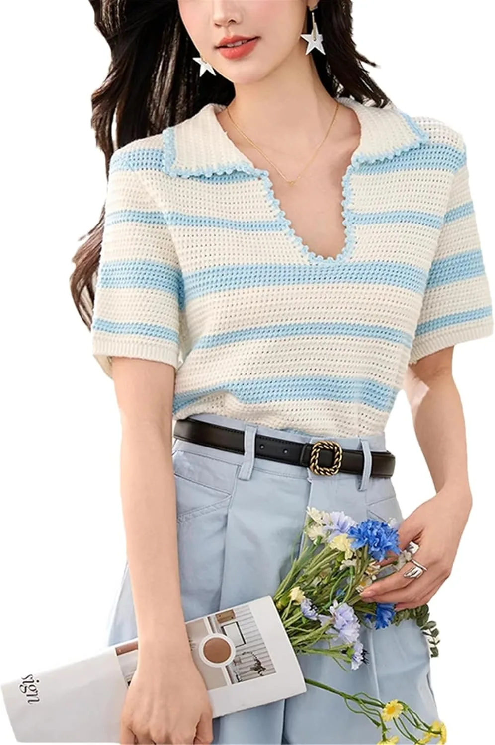 

Женский корейский полосатый короткий рукав свитер-футболка V-образный вырез