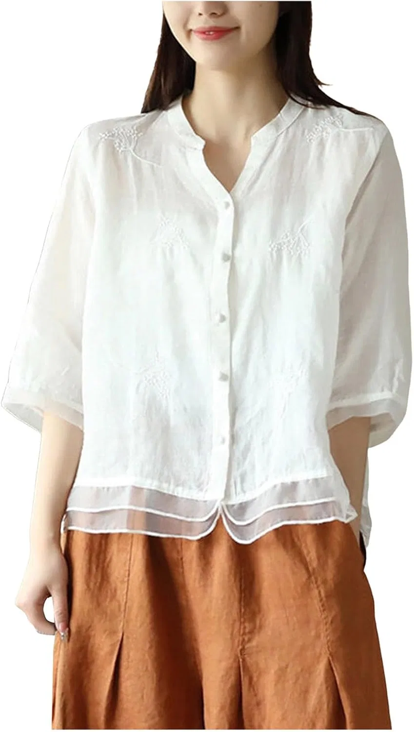 Блуза, льняная, Cotton Linen T-Shirt, белый