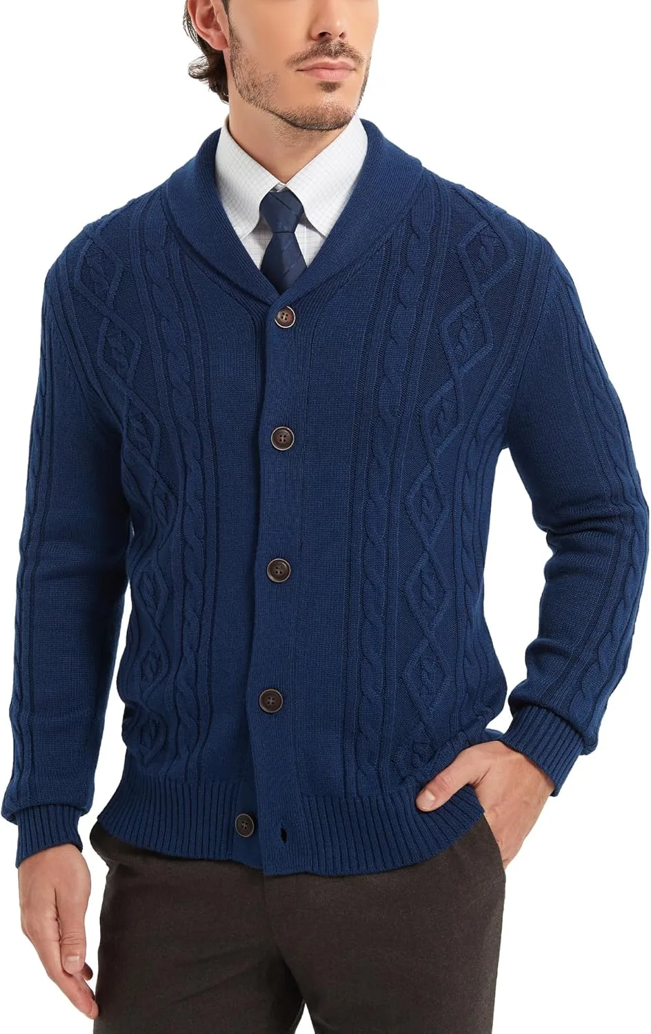 

Мужской кардиган Kallspin из шерстяной смеси с косой вязкой и воротником-шалью