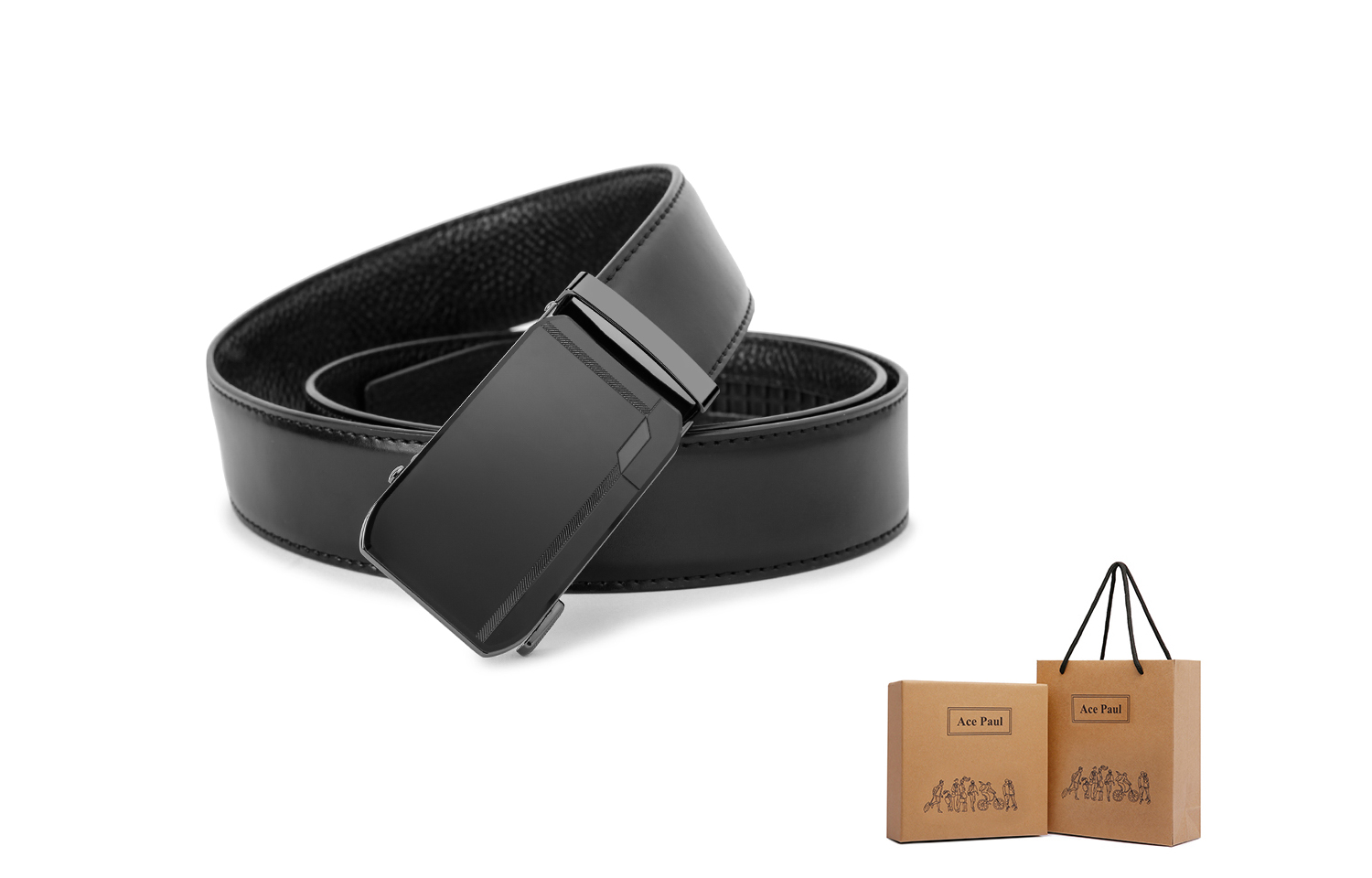 

Ace Paul Ремень из натуральной кожи для мужчин черный шириной 3.5 см, Black + light plain 110cm
