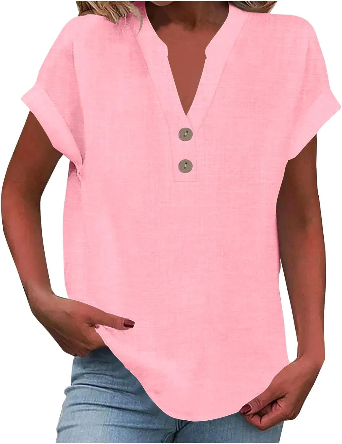 Блуза женлая V-образным вырезом, короткий рукав, свободный крой, Generic, 01-pink