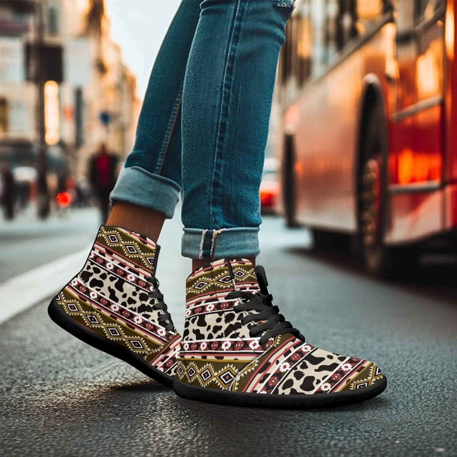 Кроссовки Binienty High Top Barefoot для женщин и мужчин, модные с нулевым перепадом, водонепроницаемые походные ботинки из ПУ-кожи, Tribal Cow Print — фото 4