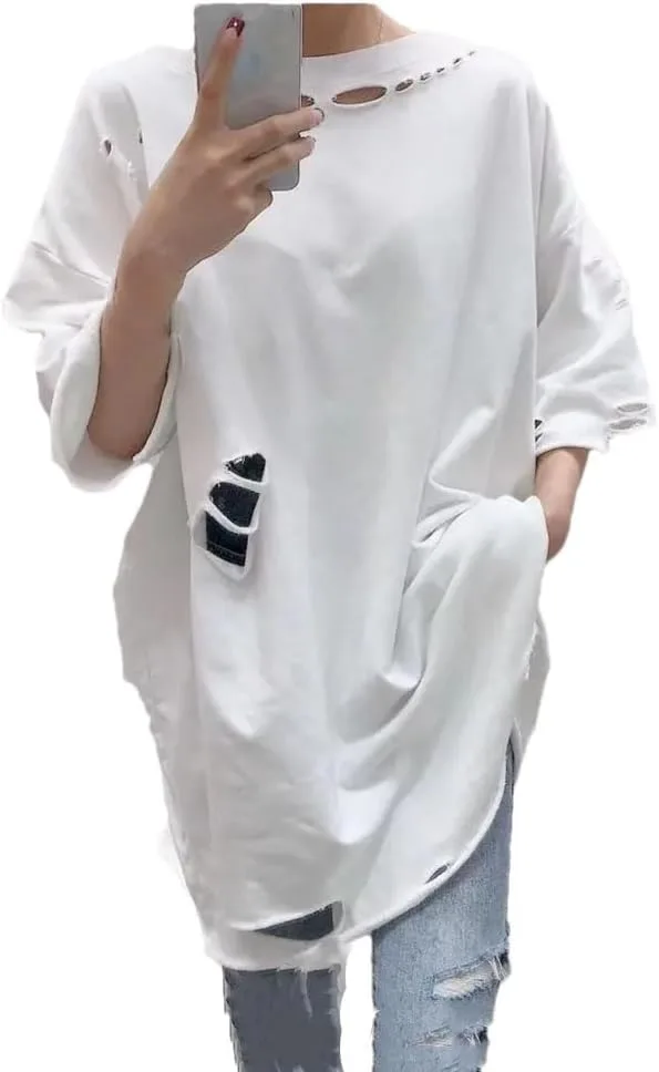 Женская футболка O-Neck Loose Solid Hole Color Hollow Out