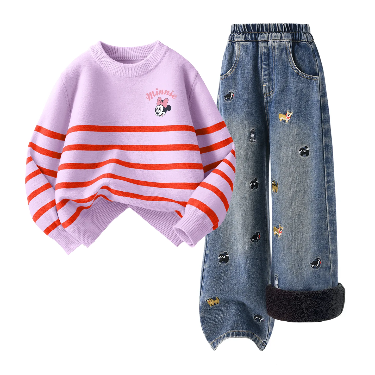 Детская повседневная спортивная футболка с круглым вырезом Disney, [Thickened and Fleece-Lined]Silicone Di-Lift K Purple+Solid Color Denim Blue