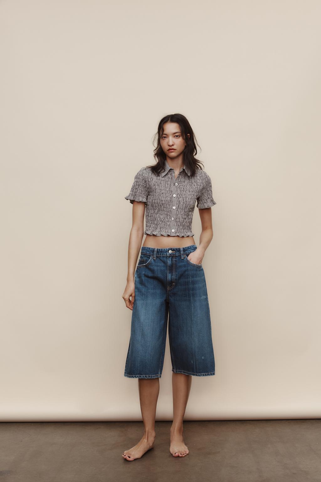 

Укороченная клетчатая рубашка ZARA, темно-коричневый