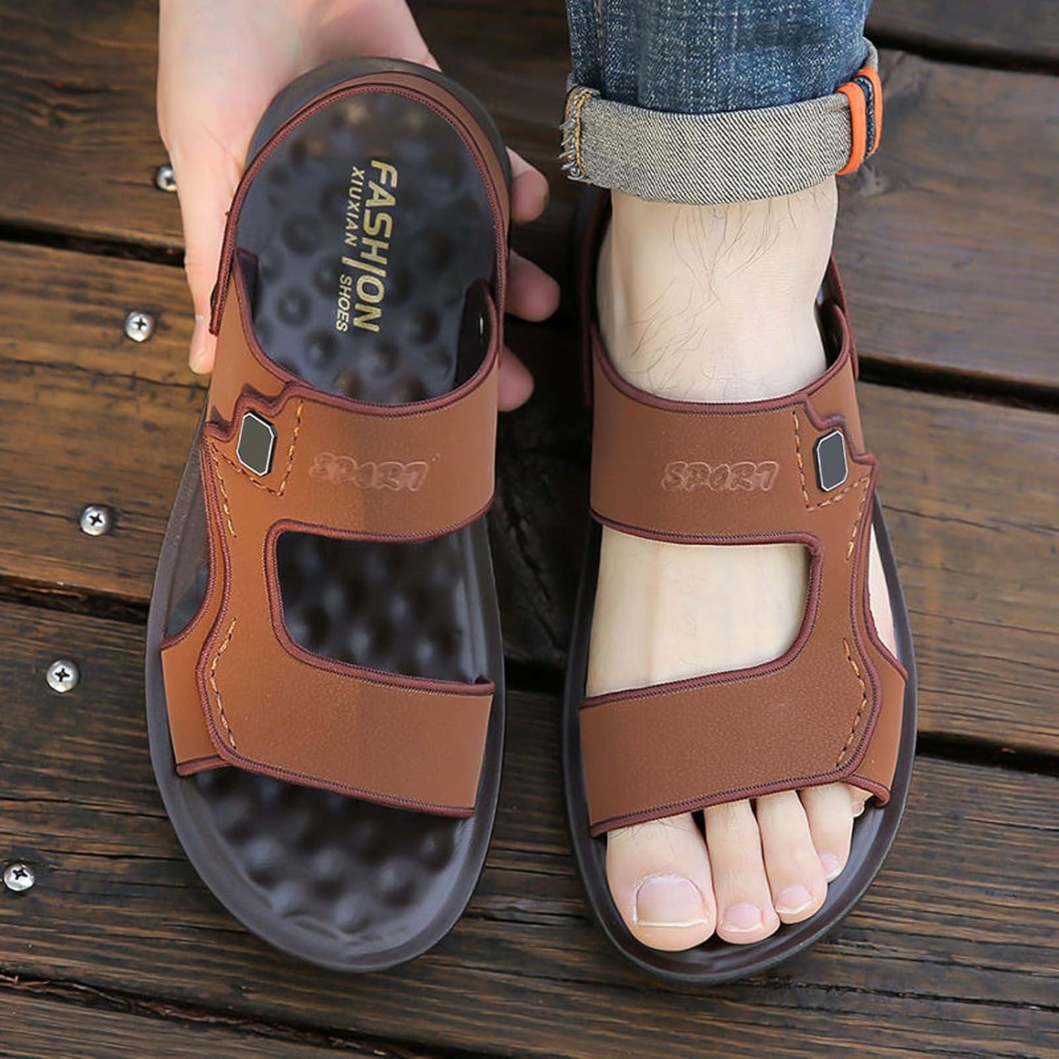 Мужские удобные легкие сандалии с открытым носком для летней прогулки по пляжу, активного отдыха на улице и водных видов спорта Generic, коричневый — фото 2