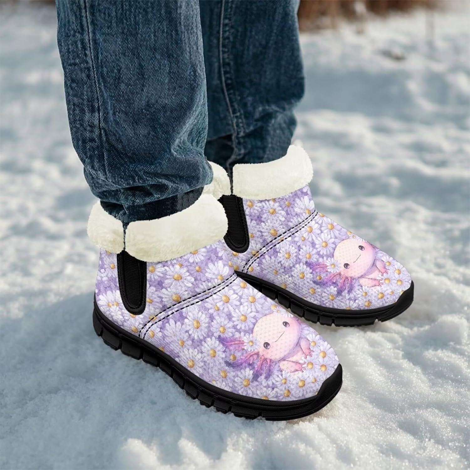 Зимние детские ботинки Chririnla для мальчиков и девочек, с теплой подкладкой из искусственного меха, на щиколотку, противоскользящие, для малышей и детей постарше, Daisy Axolotl — фото 4