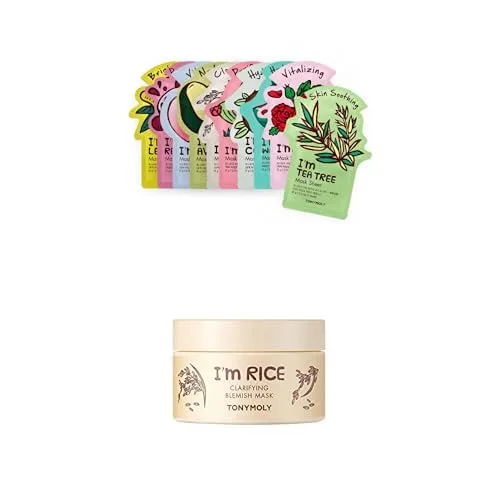 TONYMOLY I'm Real Sheet Mask, набор из 10 масок I'm Rice Clarifying Blemish Clay Mask, детокс-маска для лица, уменьшает покраснения и успокаивает кожу, каолин и ферментированный рис, 100 мл, Green