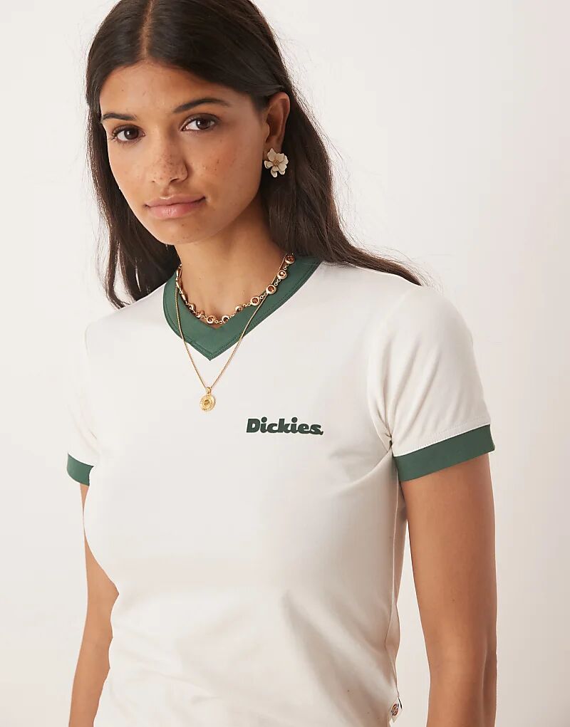

Футболка Dickies Slayden Ringer Long Line Baby бежевого цвета с темно-зелеными деталями