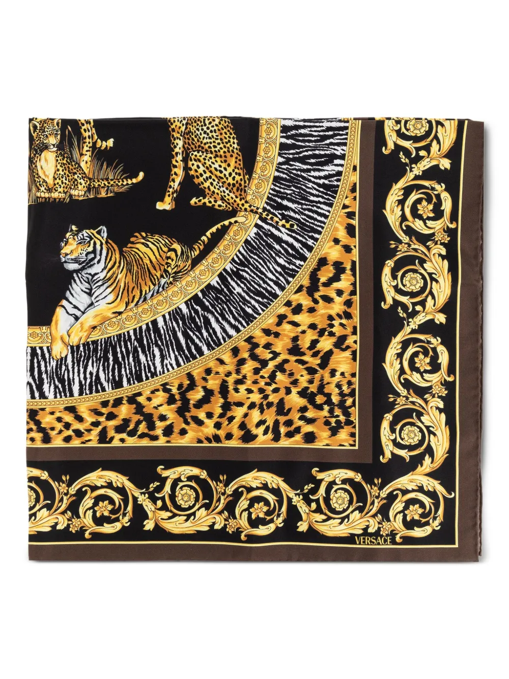 

Шелковый платок с тигровым принтом VERSACE, коричневый