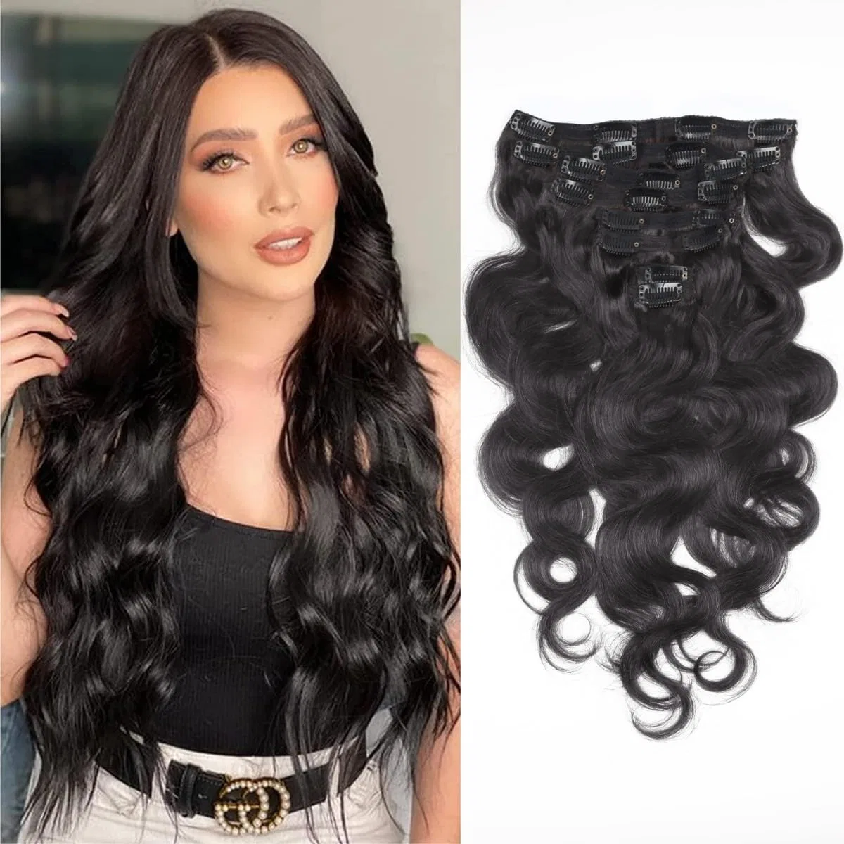 Волнистые накладные пряди из натуральных волос Remy на заколках, 45 см, 120 г Unipearl, Natural Black Bw