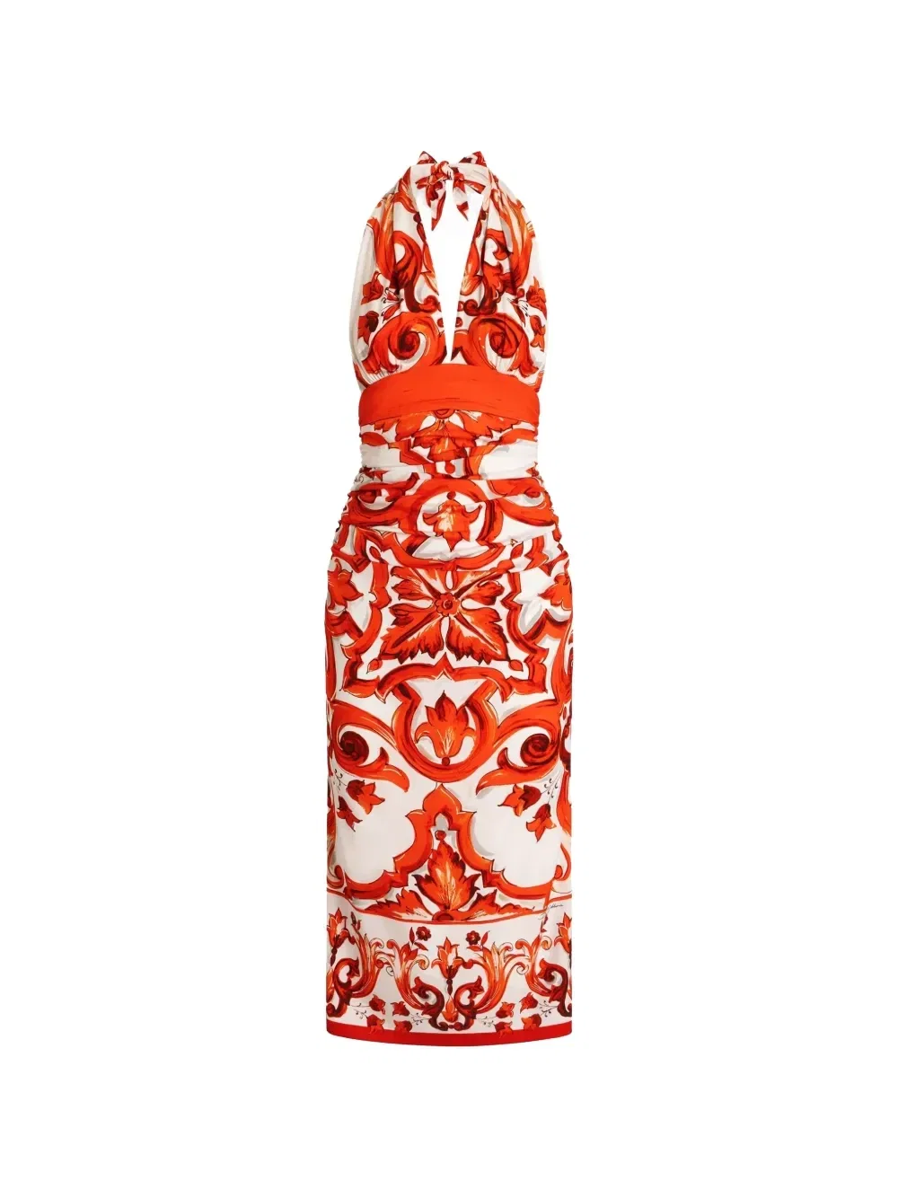 Длинное платье из шантунга с принтом майолики Dolce & Gabbana, белый