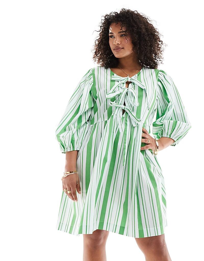 

ASOS DESIGN Curve – Зеленое свободное платье с завязками-бабочками спереди, в полоску