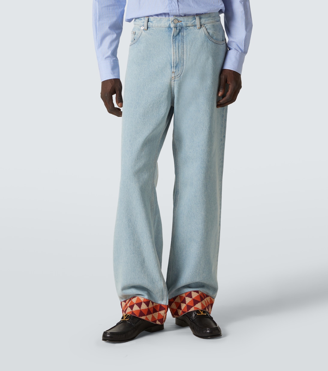 Джинсы с широкими штанинами и отделкой в стиле жаккард Valentino, Denim Blu Lav Chiaro — фото 3