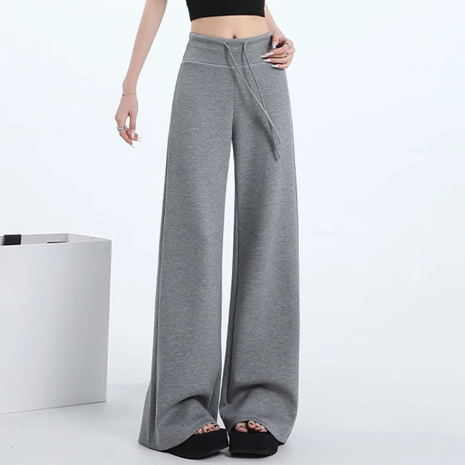 Женские спортивные штаны Casual Wide Leg, высокая талия на резинке, летние струящиеся брюки свободного кроя с карманами Generic, серый — фото 2