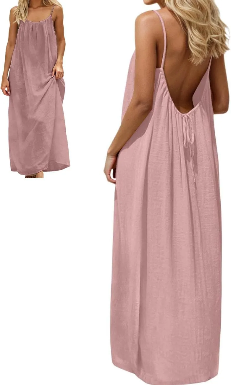 Платье-ками Backless для женщин, однотонное платье-ками Backless, безрукавное пляжное платье макси Backless для отпуска летом Generic, розовый