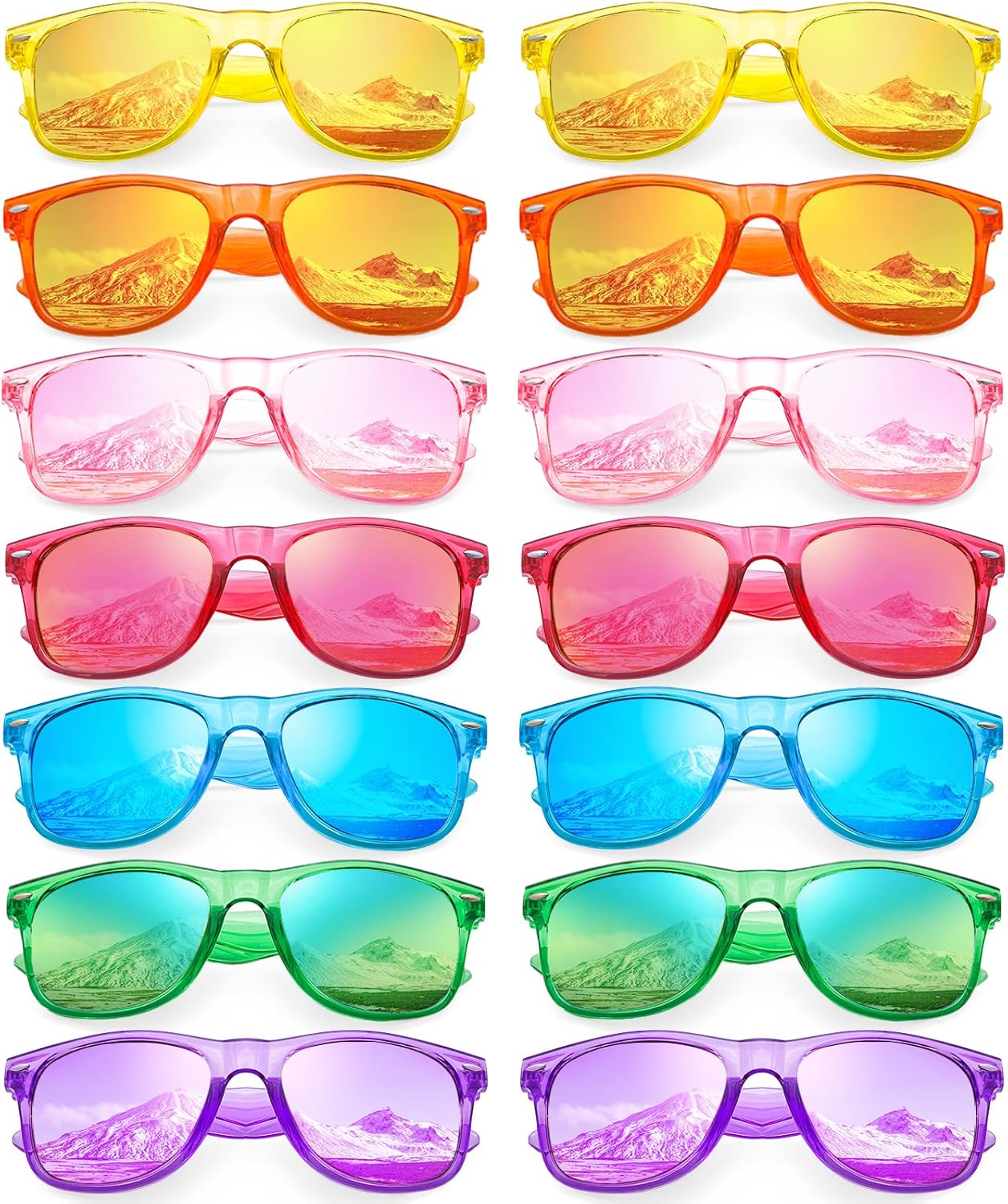 

Pibupibu, оптовая продажа 14 неоновых солнцезащитных очков, ретро-очки в стиле 80-х с зеркальными линзами для взрослых, сувениры для вечеринок, 14 Colored Clear Frame Mirrored