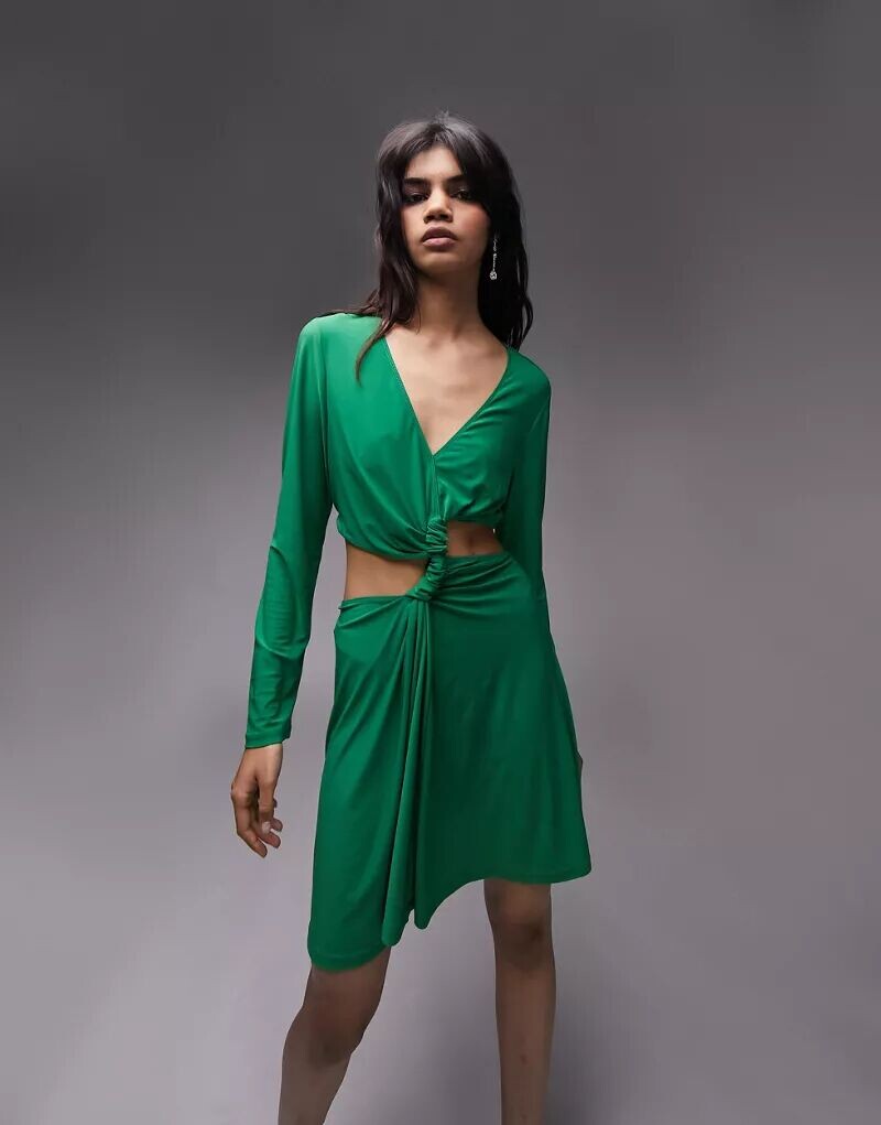 

Зеленое платье мини с длинными рукавами и вырезом спереди Topshop
