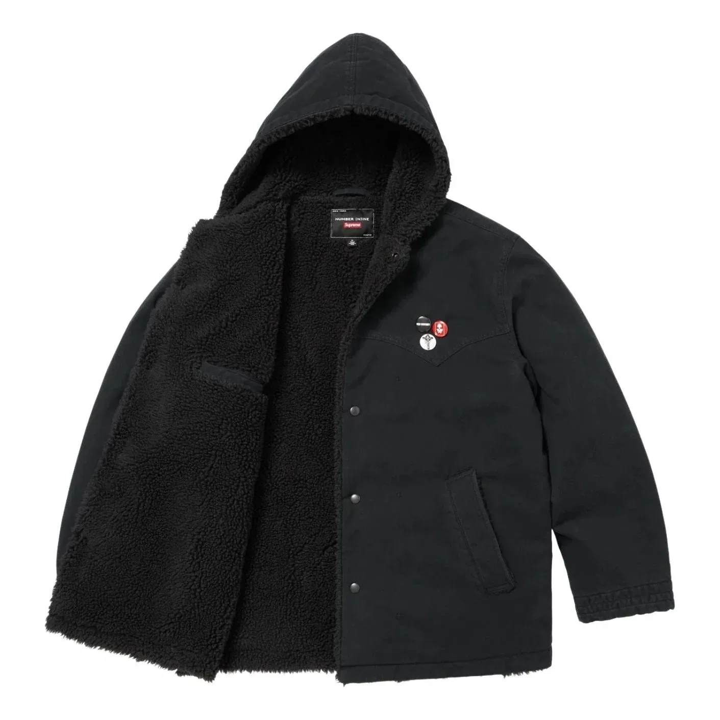 Куртка Supreme FW25 x Number (N)ine с капюшоном из искусственной овчины, черная, FW25J49-BLACK — фото 2