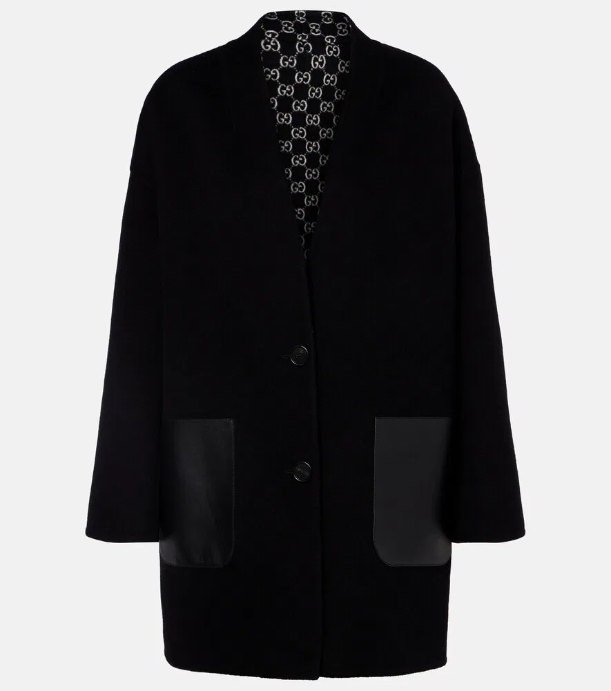 Пальто Gucci Caban, двустороннее шерстяное с кожаной отделкой, черный